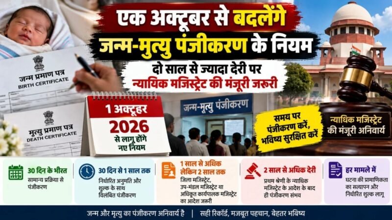 1 अक्टूबर 2026 से बदलेंगे जन्म-मृत्यु पंजीकरण के नियम: देरी होने पर अब मजिस्ट्रेट के आदेश से ही बनेगा प्रमाण पत्र