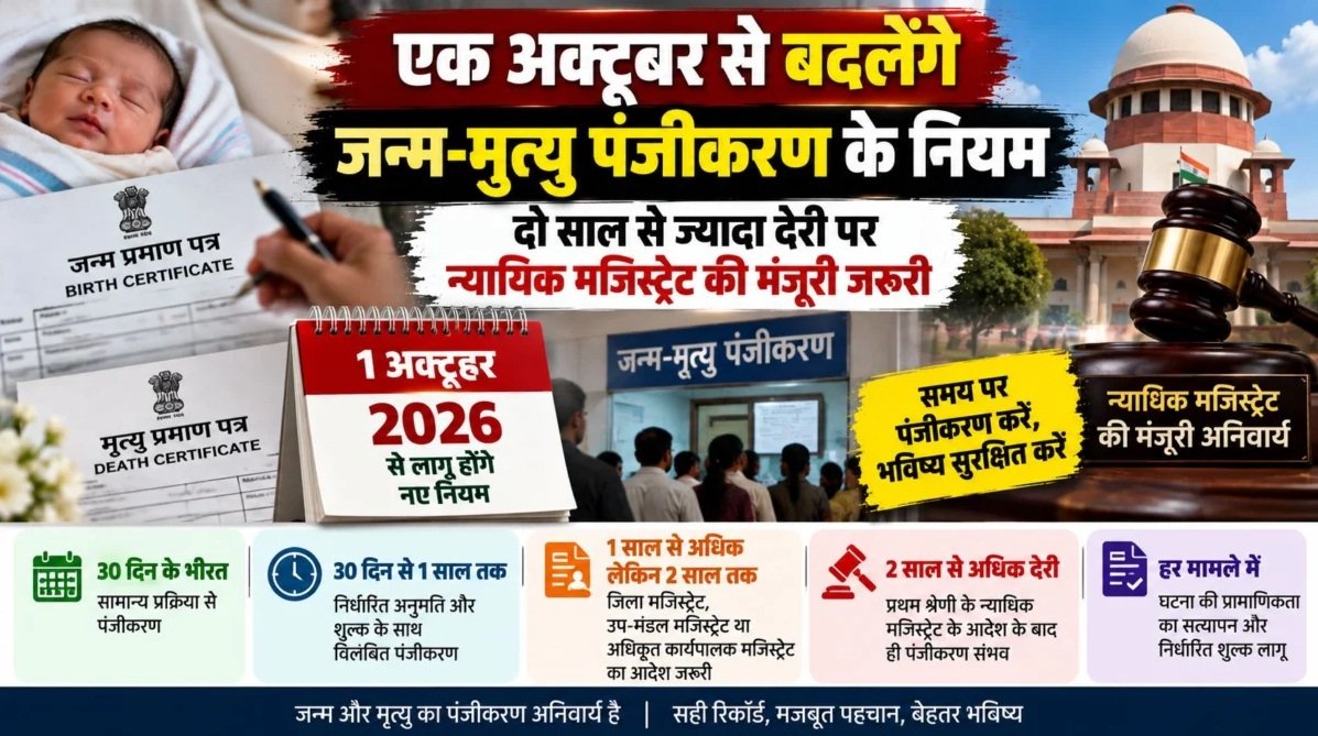 1 अक्टूबर 2026 से बदलेंगे जन्म-मृत्यु पंजीकरण के नियम: देरी होने पर अब मजिस्ट्रेट के आदेश से ही बनेगा प्रमाण पत्र