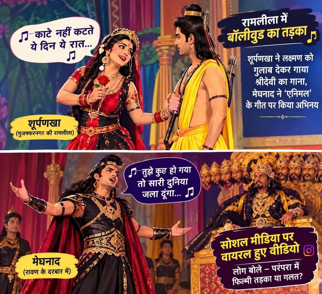 रामलीला में बॉलीवुड का तड़का: शूर्पणखा ने लक्ष्मण को गुलाब देकर गाया श्रीदेवी का गाना, मेघनाद ने ‘एनिमल’ के गीत पर किया अभिनय